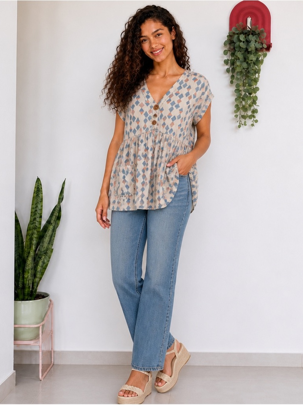 Free People Cream Top with Blue & Orange Geometric Print